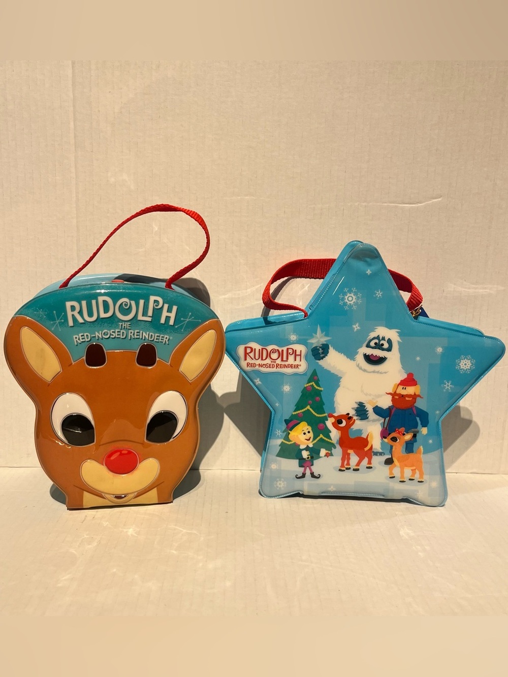 2 Vintage Rudolph The Red Nosed Reindeer Vinyl Carrying Cases with Christmas Orn